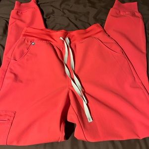 Figs! NEON RED - Small Tall - High waisted Zamora joggers.